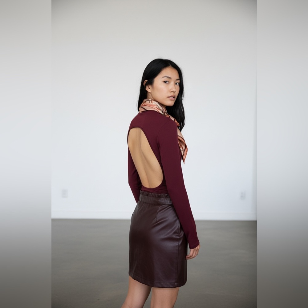 love J Burgundy Open-Back Long Sleeve Bodysuit